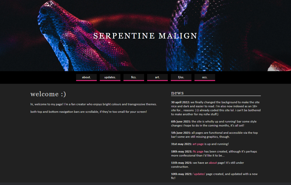 Version 1 of my site serpentinemalign.neocities.org with a minimal layout.